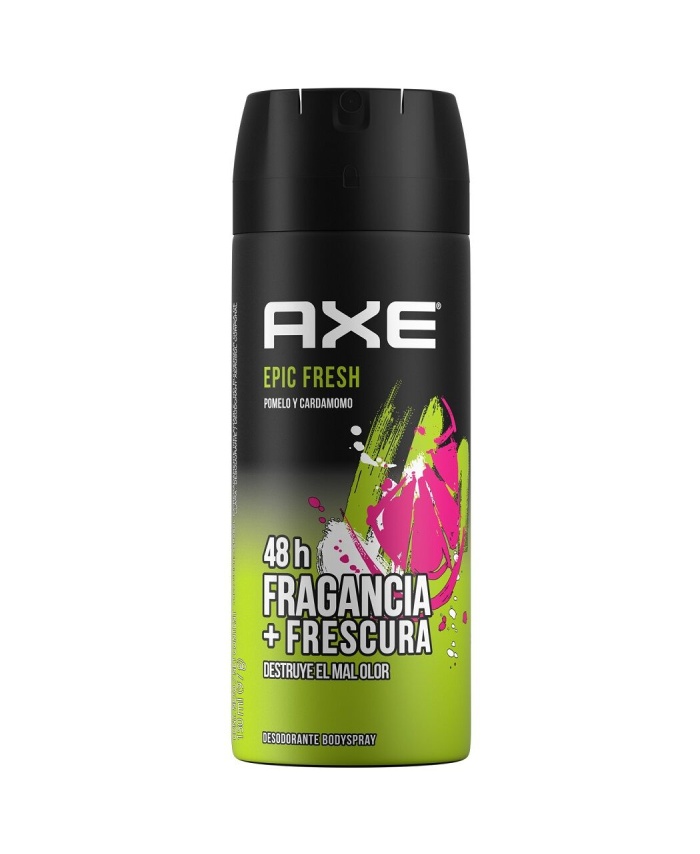 Audaz, fresco y deportivo, el nuevo desodorante para hombre AXE Epic Fresh en aerosol llegó para quedarse. Con una fragancia de notas amaderadas y un giro de frescura que le aportan el ananá y el pomelo, te va a llevar sin dudas a una experiencia épica. Para ti que estabas buscando experimentar esa frescura que se siente ni bien sales de la ducha, pero todo el día, es hora de que pruebes el nuevo AXE Epic Fresh. Épico. Lleva la frescura instantánea a otro nivel con los desodorantes AXE Epic Fresh. Nuestra nueva y revolucionaria tecnología de doble acción combate las bacterias que causan el mal olor para que puedas oler increíble durante 48 horas. Siente tu también el efecto AXE. Porque cuando te sientes fresco, te sientes mucho más confiado, tienes que tener siempre a mano el desodorante AXE Epic Fresh. No importa lo que se te presente: tu estás listo. Una aplicación rápida en toooodo el cuerpo te mantiene con un olorcito épico e irresistible durante 48 horas.