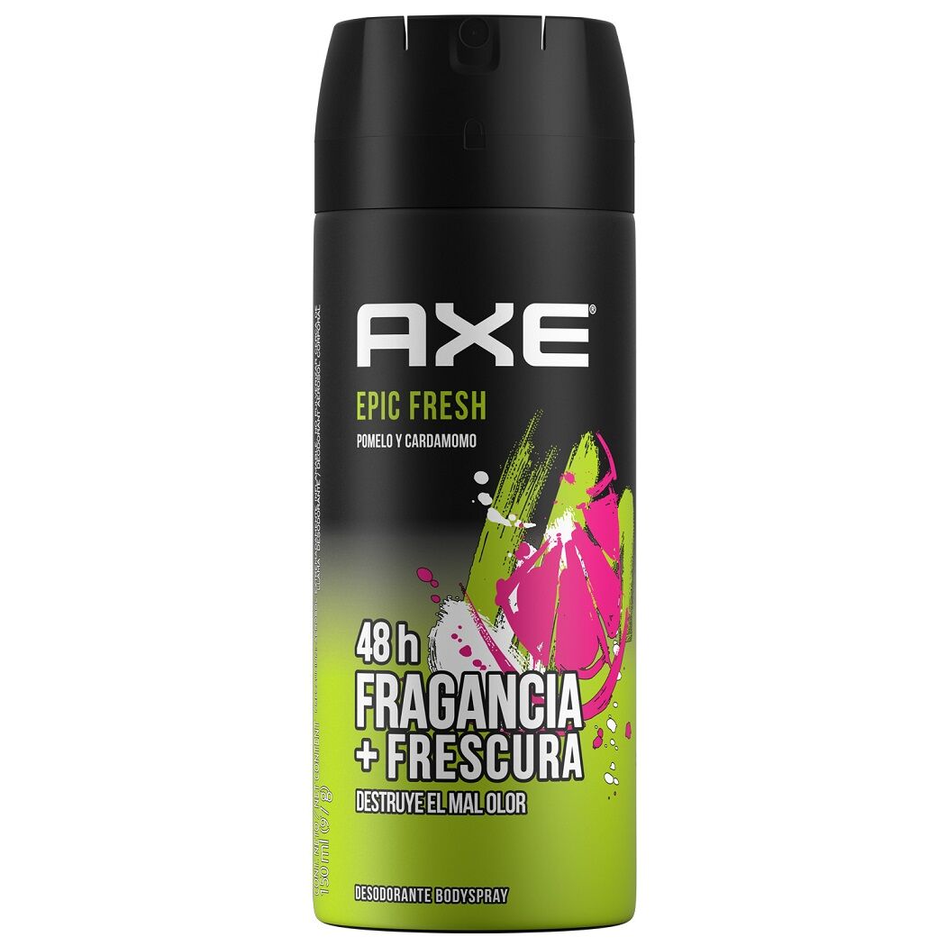 DESOD AXE SPRAY EPIC FRESH 150ML Audaz, fresco y deportivo, el nuevo desodorante para hombre AXE Epic Fresh en aerosol llegó para quedarse. Con una fragancia de notas amaderadas y un giro de frescura que le aportan el ananá y el pomelo, te va a llevar sin dudas a una experiencia épica. Para ti que estabas buscando experimentar esa frescura que se siente ni bien sales de la ducha, pero todo el día, es hora de que pruebes el nuevo AXE Epic Fresh. Épico. Lleva la frescura instantánea a otro nivel con los desodorantes AXE Epic Fresh. Nuestra nueva y revolucionaria tecnología de doble acción combate las bacterias que causan el mal olor para que puedas oler increíble durante 48 horas. Siente tu también el efecto AXE. Porque cuando te sientes fresco, te sientes mucho más confiado, tienes que tener siempre a mano el desodorante AXE Epic Fresh. No importa lo que se te presente: tu estás listo. Una aplicación rápida en toooodo el cuerpo te mantiene con un olorcito épico e irresistible durante 48 horas.